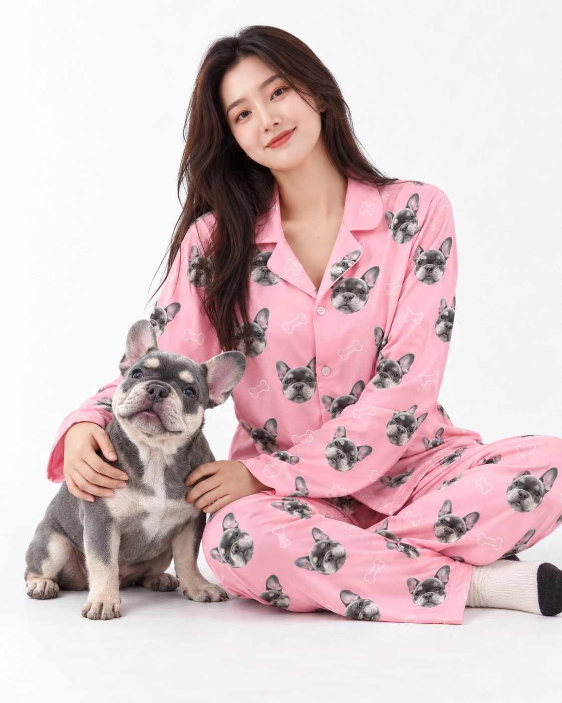 French Bulldog Pajamas – Cuddling Dog | MyDogPics Woman in French bulldog pajamas cuddling her French bulldog — MyDogPics