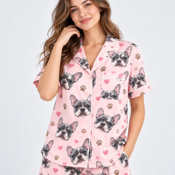 Close-up of the French bulldog pajamas for women print: grey French bulldog faces on blush pink satin with hearts — MyDogPics