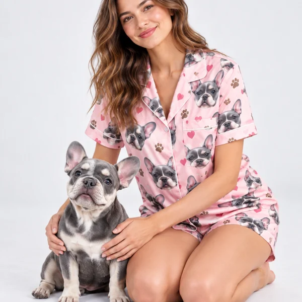 Woman in a French bulldog pajamas for women cuddling her French bulldog — MyDogPics