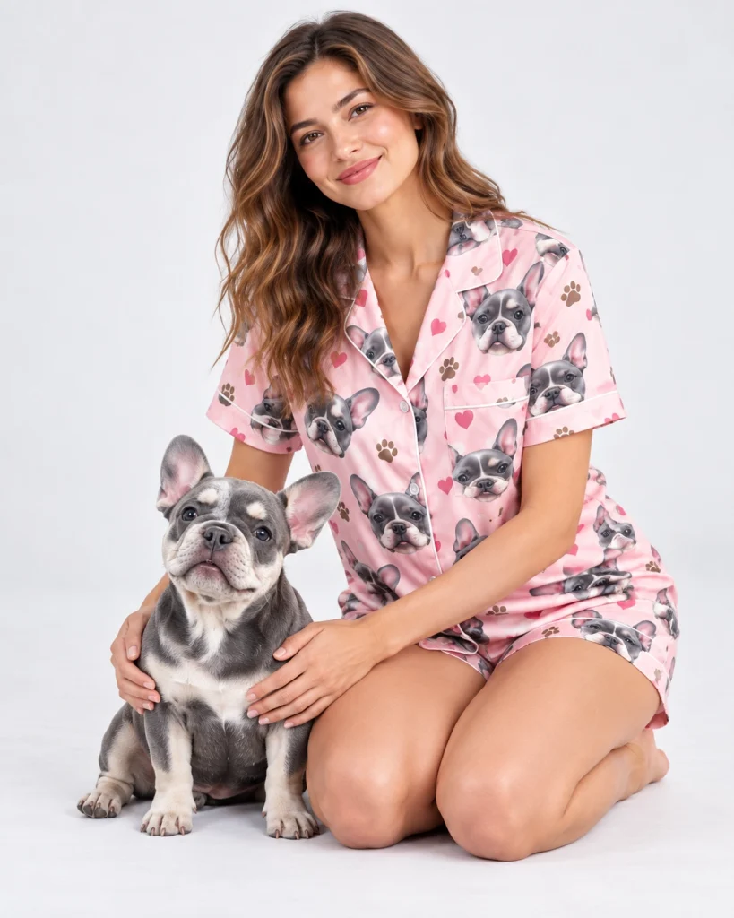 Woman in a French bulldog pajamas for women cuddling her French bulldog — MyDogPics
