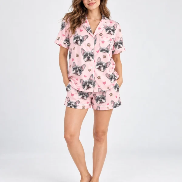 Woman wearing a French bulldog pajamas for women covered in grey French bulldog faces — MyDogPics