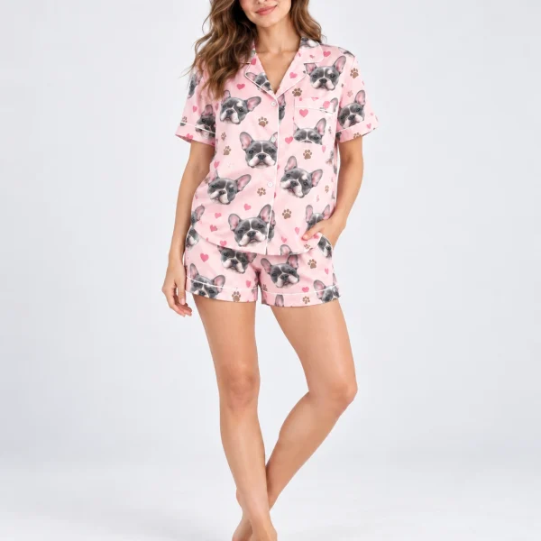 Woman posing in a French bulldog pajamas for women, grey French bulldog faces on blush pink satin with hearts — MyDogPics