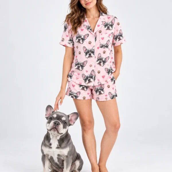 Woman in a French bulldog pajamas for women standing next to her French bulldog — MyDogPics