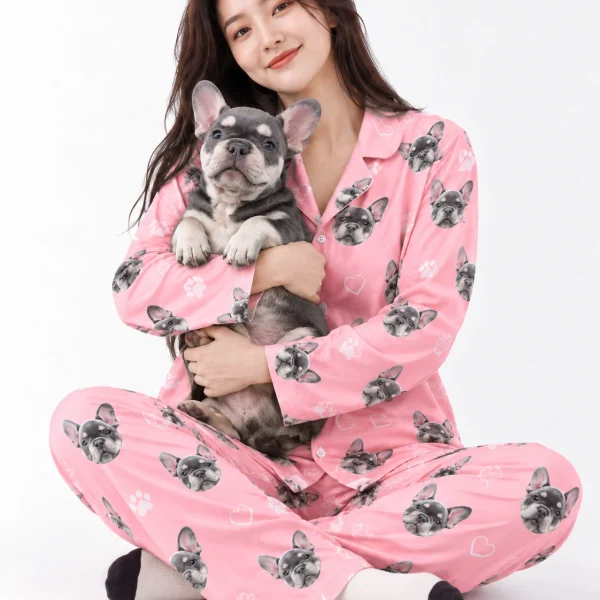 Woman in French bulldog pajamas holding her French bulldog — MyDogPics