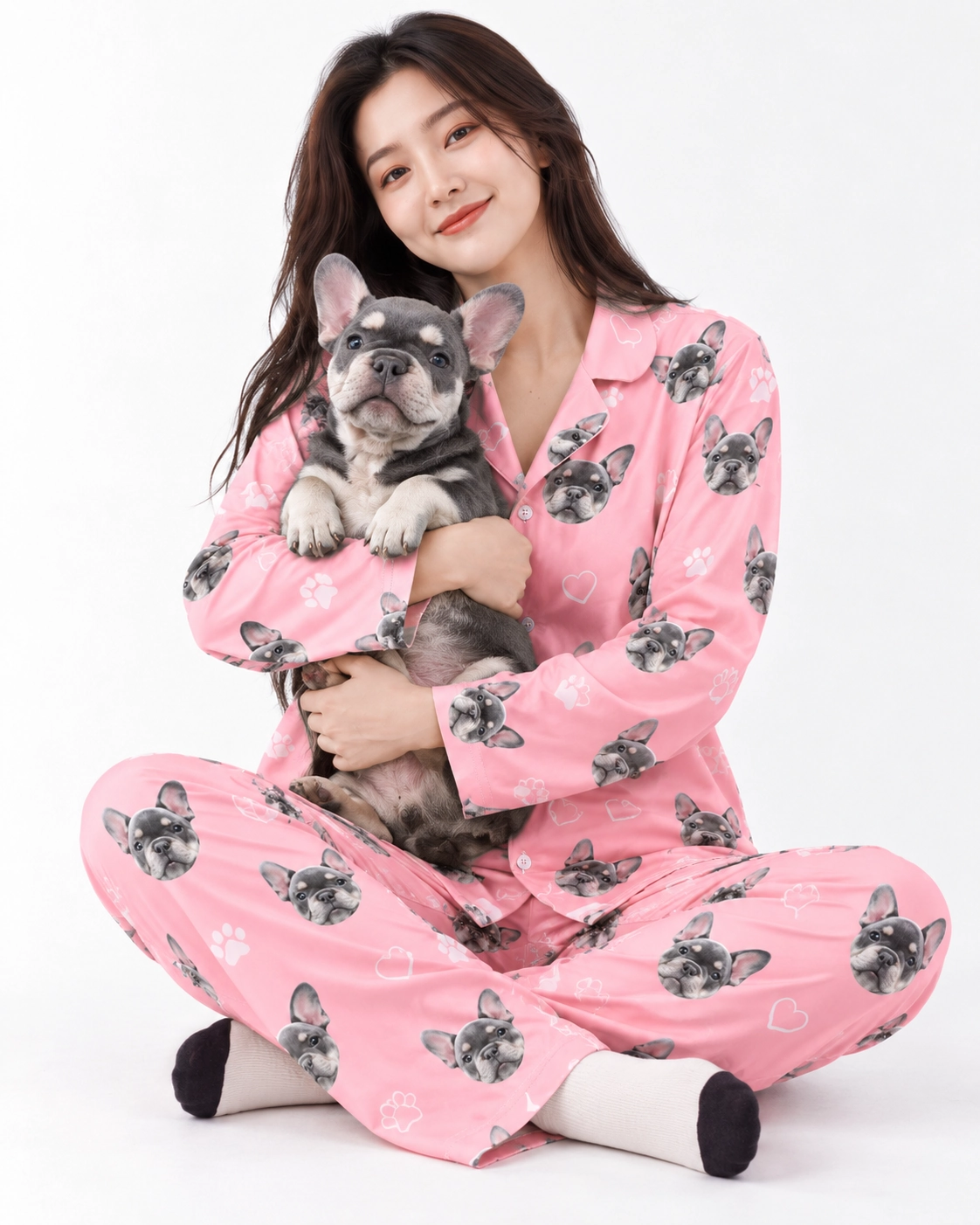 French Bulldog Pajamas – Holding Dog | MyDogPics Woman in French bulldog pajamas holding her French bulldog — MyDogPics