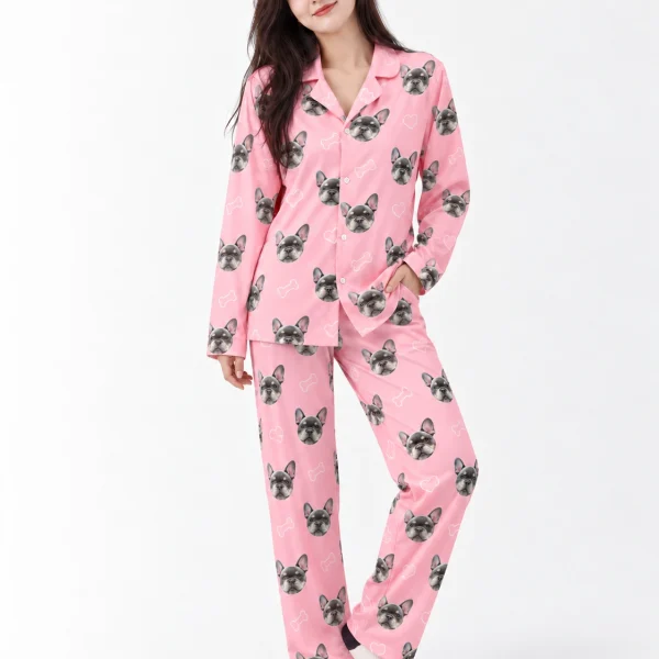 Woman posing in French bulldog pajamas, grey French bulldog faces on pink with white hearts and paws — MyDogPics