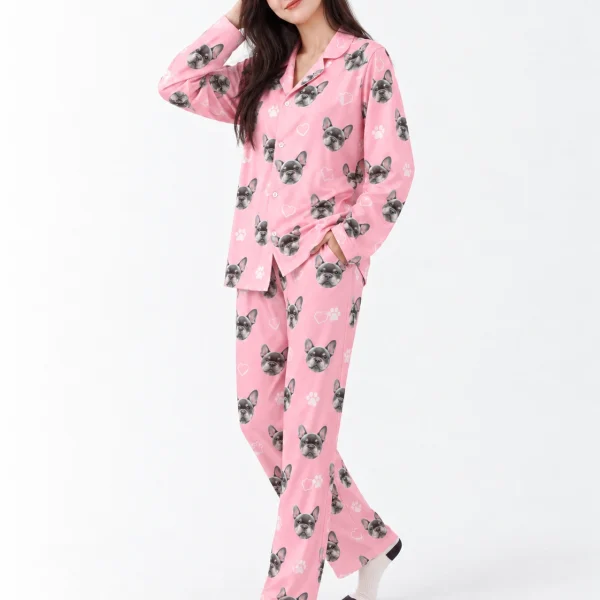 Woman posing in French bulldog pajamas, grey French bulldog faces on pink with white hearts and paws — MyDogPics