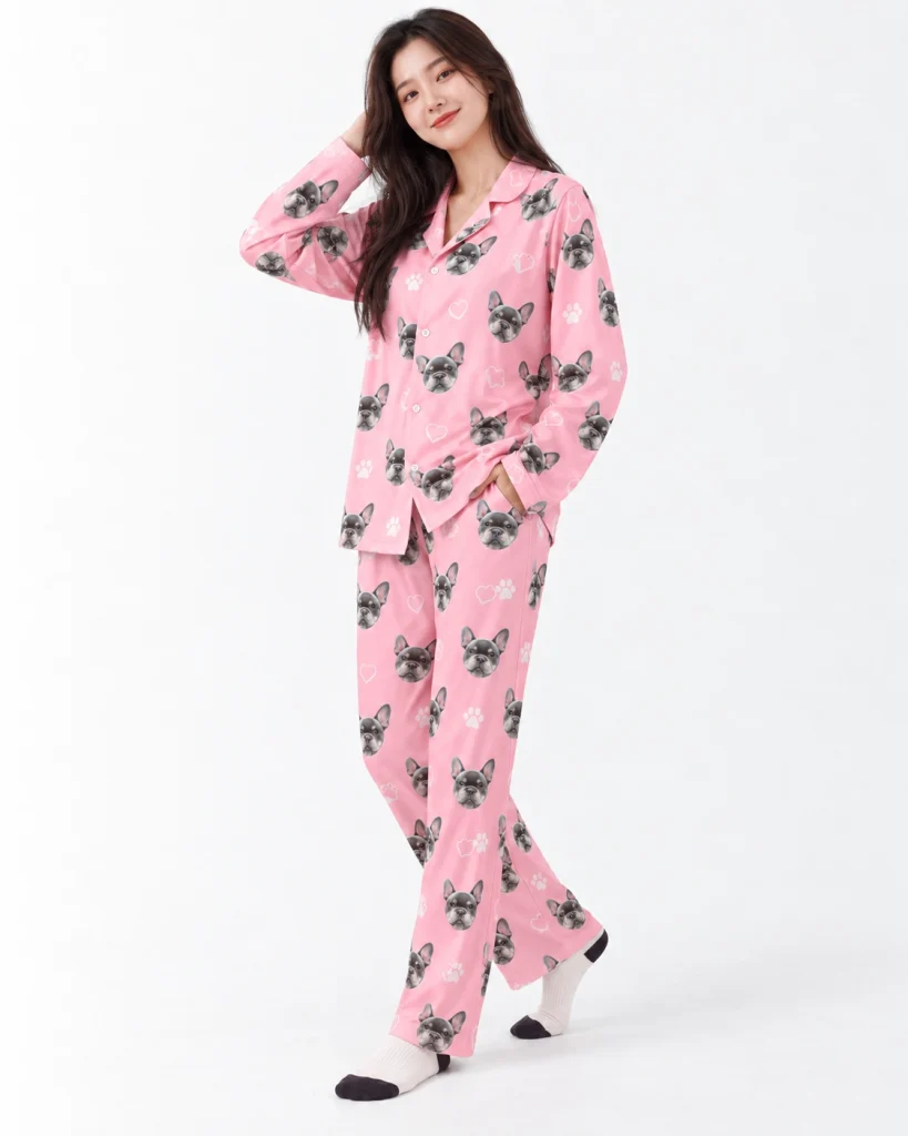 Woman posing in French bulldog pajamas, grey French bulldog faces on pink with white hearts and paws — MyDogPics