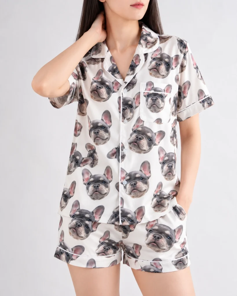 Close-up of the frenchie pajamas print: grey French bulldog faces on ivory satin with black paw prints — MyDogPics