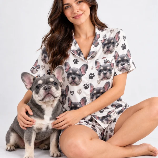 Woman in frenchie pajamas cuddling her French bulldog — MyDogPics