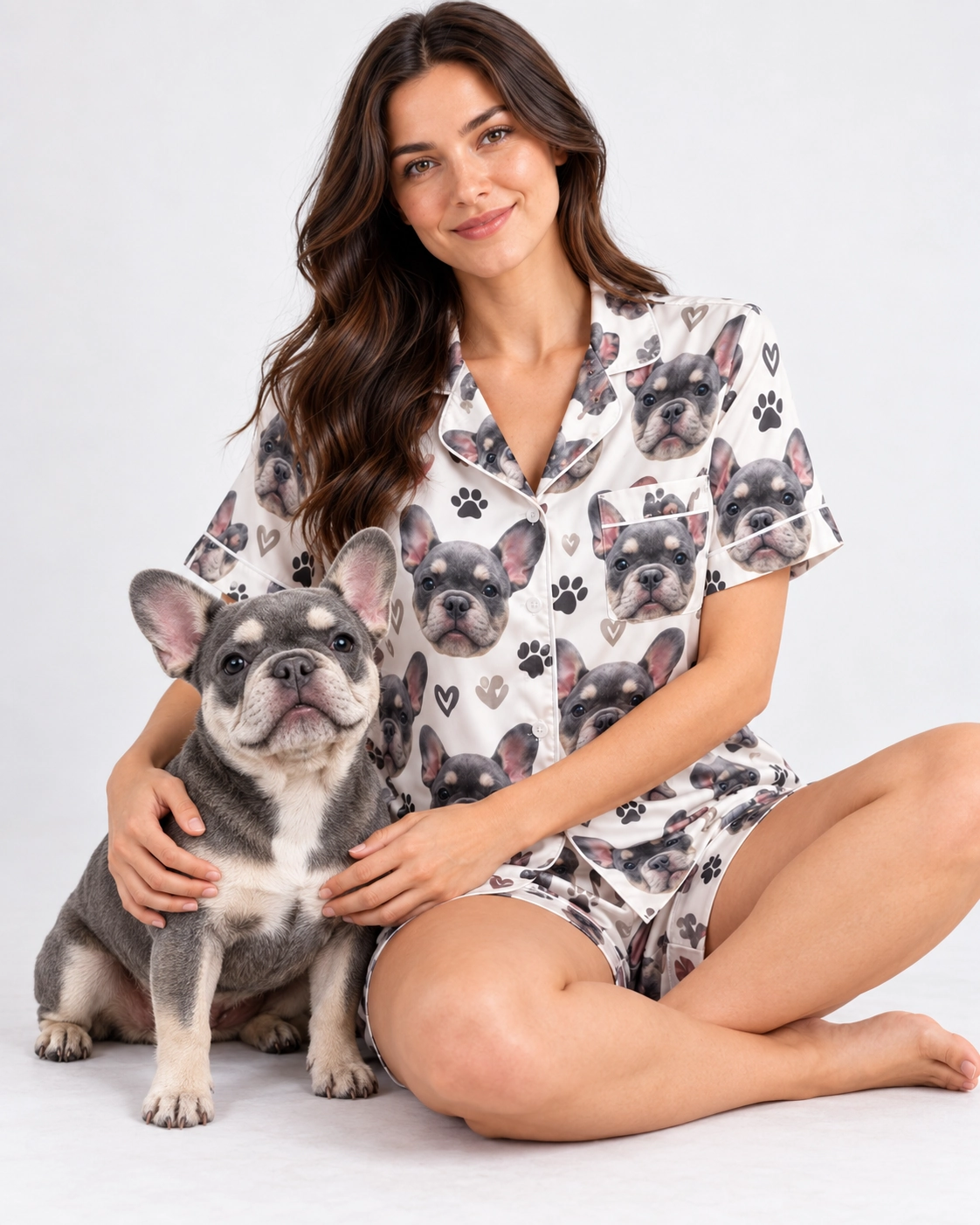 Frenchie Pajamas – Cuddling Dog | MyDogPics Woman in frenchie pajamas cuddling her French bulldog — MyDogPics