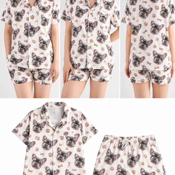 Detail views of frenchie pajamas: satin, piping, drawstring and pockets — MyDogPics