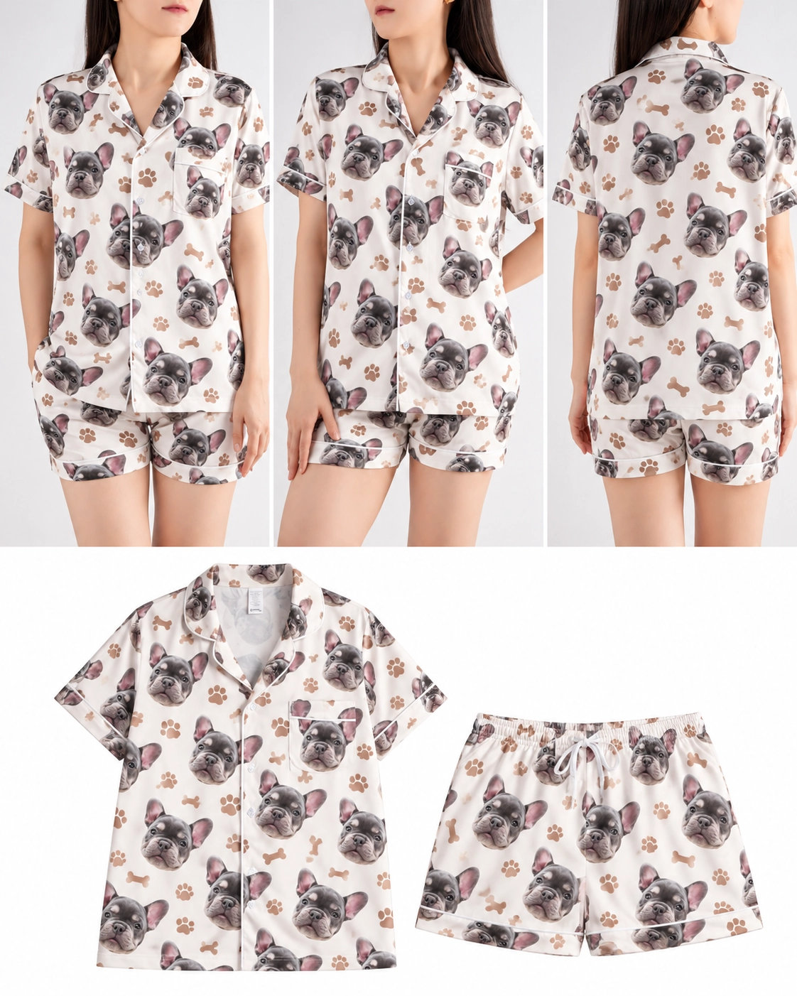 Frenchie Pajamas – Construction Details | MyDogPics Detail views of frenchie pajamas: satin, piping, drawstring and pockets — MyDogPics
