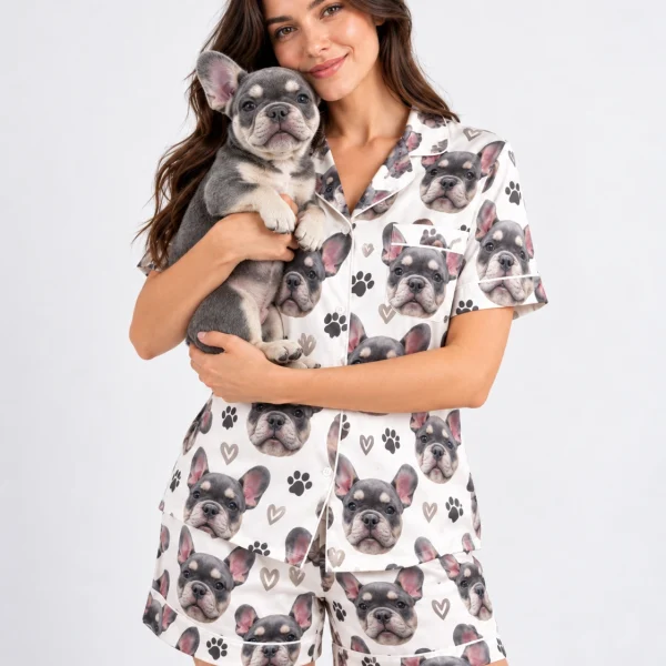 Woman in frenchie pajamas holding her French bulldog — MyDogPics
