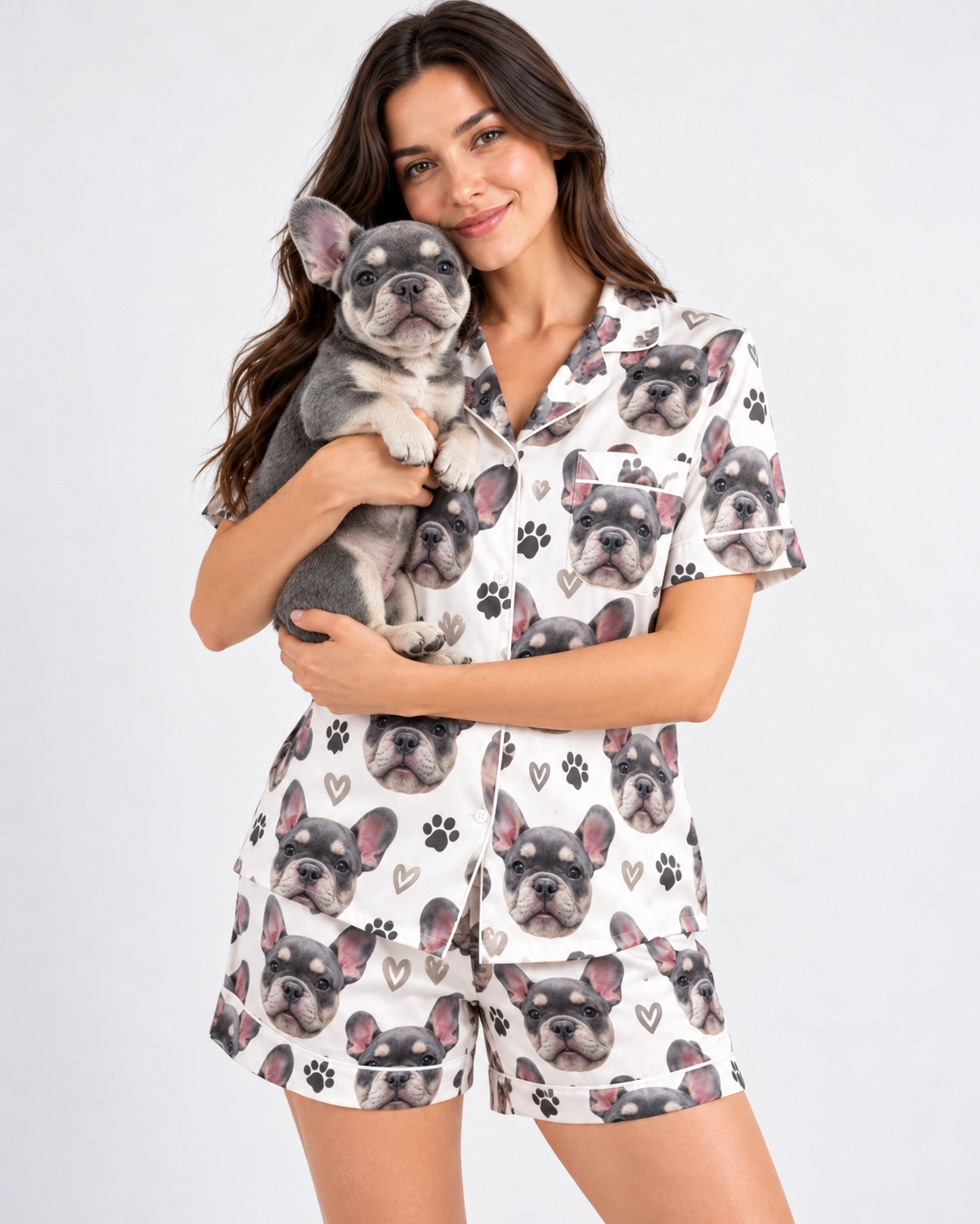 Frenchie Pajamas – Holding Dog | MyDogPics Woman in frenchie pajamas holding her French bulldog — MyDogPics