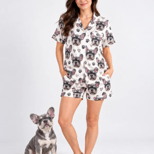 Woman in frenchie pajamas standing next to her French bulldog — MyDogPics