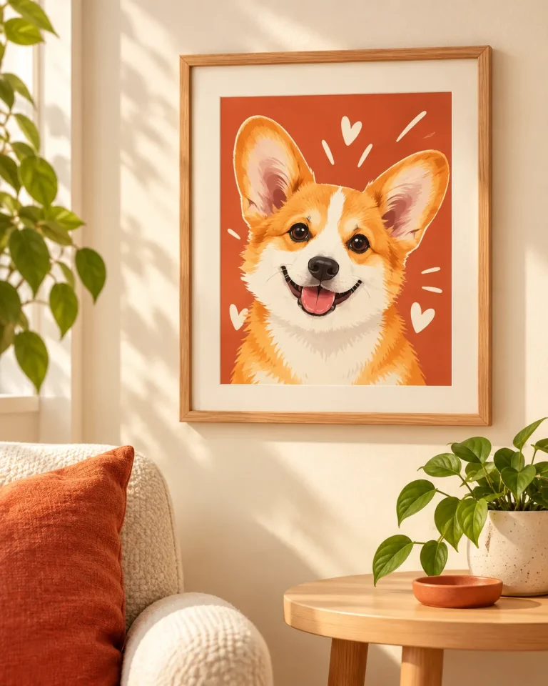 Framed cartoon-style corgi portrait on a warm living-room wall — funny pet portraits by MyDogPics