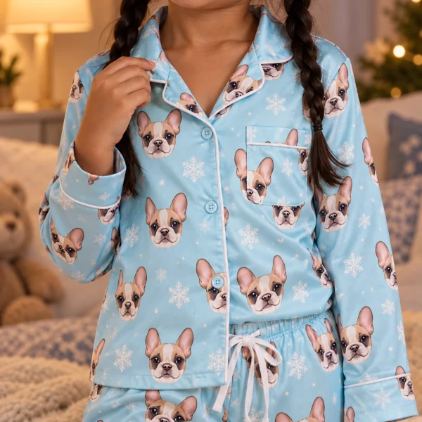 Close-up of the girls Christmas pajamas print: cream French bulldog faces on blue snowflake satin — MyDogPics