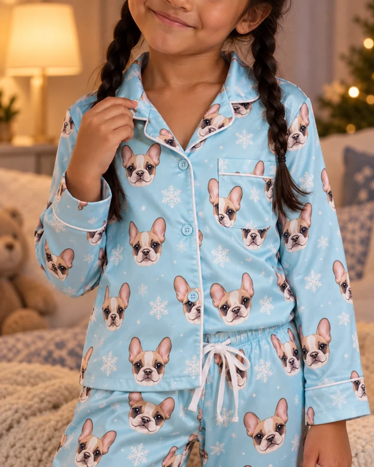 Close-up of the girls Christmas pajamas print: cream French bulldog faces on blue snowflake satin — MyDogPics