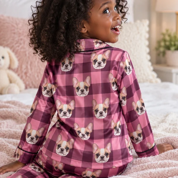 Close-up of the girls Christmas pajamas print: cream French bulldog faces on pink plaid satin — MyDogPics