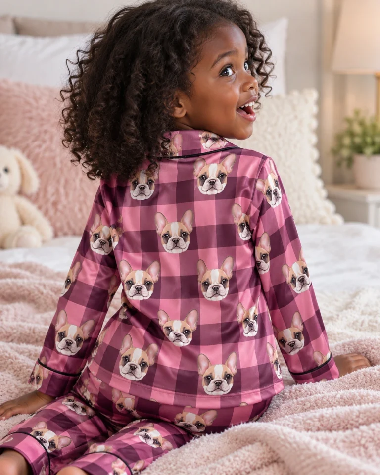 Close-up of the girls Christmas pajamas print: cream French bulldog faces on pink plaid satin — MyDogPics