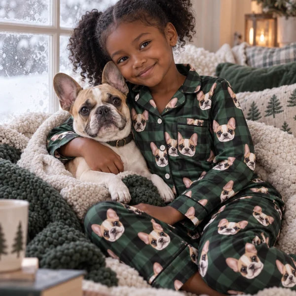 Girl in girls Christmas pajamas cuddling her French bulldog — MyDogPics
