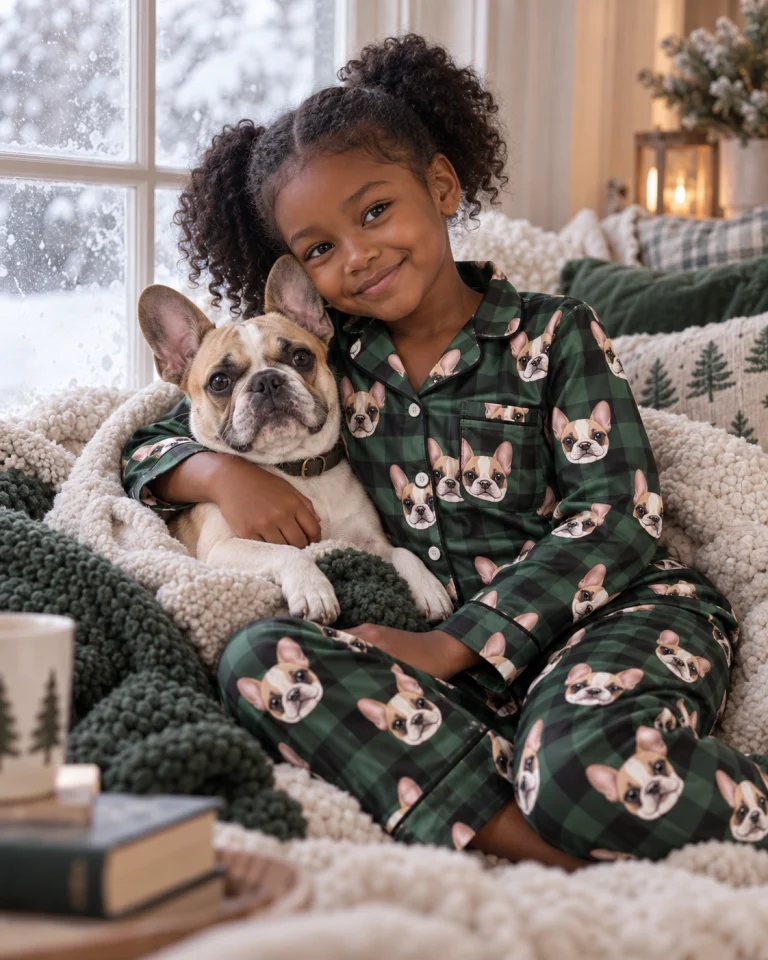 Girl in girls Christmas pajamas cuddling her French bulldog — MyDogPics
