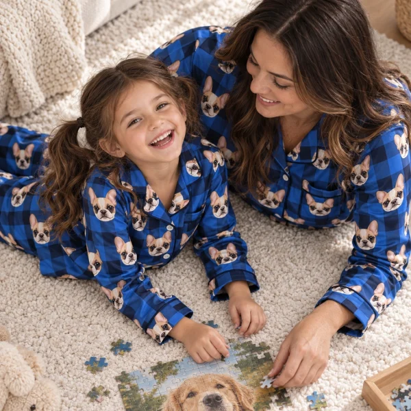 Girl and family in matching girls Christmas pajamas with cream French bulldog faces on blue plaid satin — MyDogPics