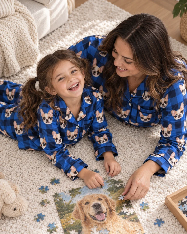 Girl and family in matching girls Christmas pajamas with cream French bulldog faces on blue plaid satin — MyDogPics