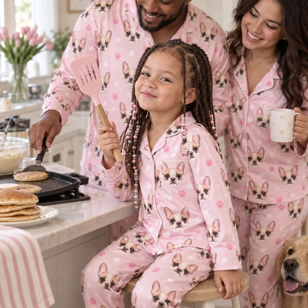 Girl and family in matching girls Christmas pajamas with cream French bulldog faces on blush pink paw-print satin — MyDogPics