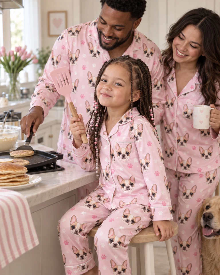 Girl and family in matching girls Christmas pajamas with cream French bulldog faces on blush pink paw-print satin — MyDogPics