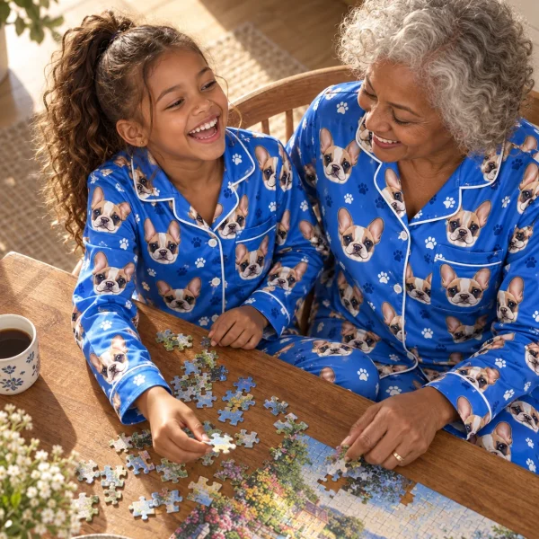 Girl and family in matching girls Christmas pajamas with cream French bulldog faces on royal blue paw-print satin — MyDogPics