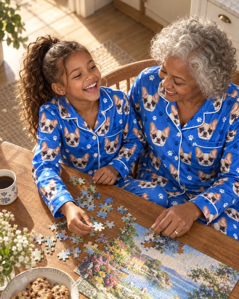 Girl and family in matching girls Christmas pajamas with cream French bulldog faces on royal blue paw-print satin — MyDogPics