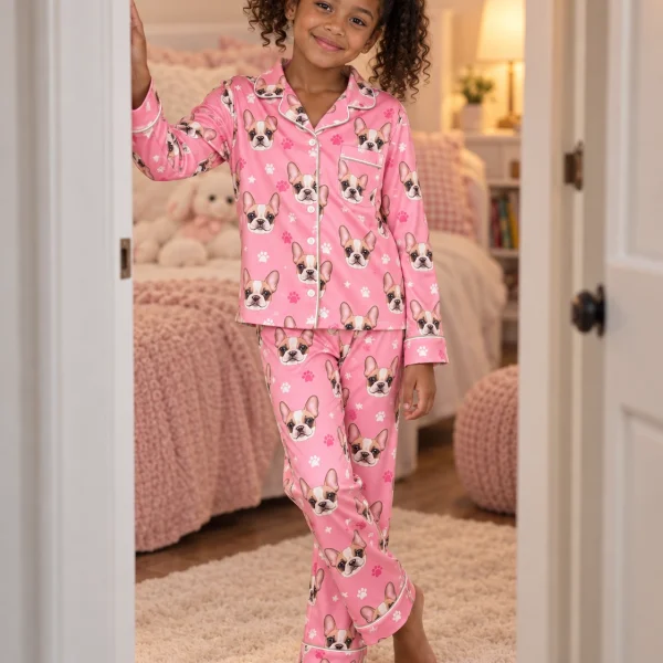 Girl wearing girls Christmas pajamas covered in cream French bulldog faces on pink paw-print satin — MyDogPics