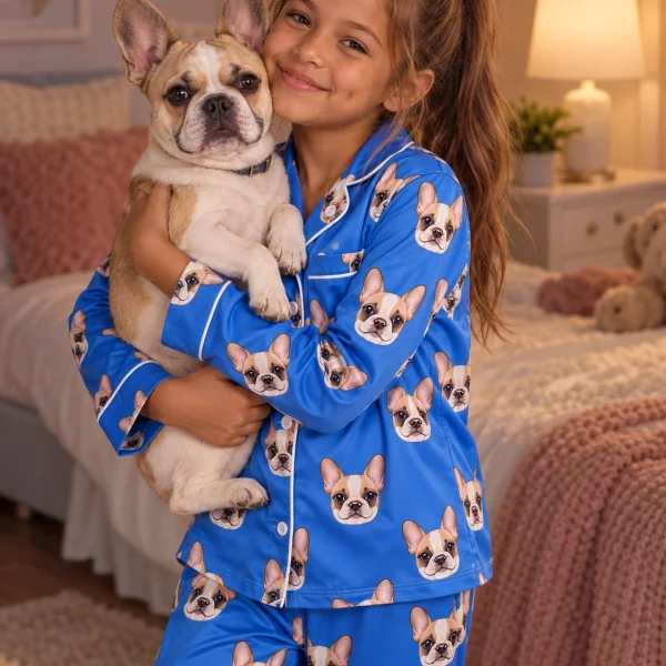 Girl in girls Christmas pajamas holding her French bulldog — MyDogPics