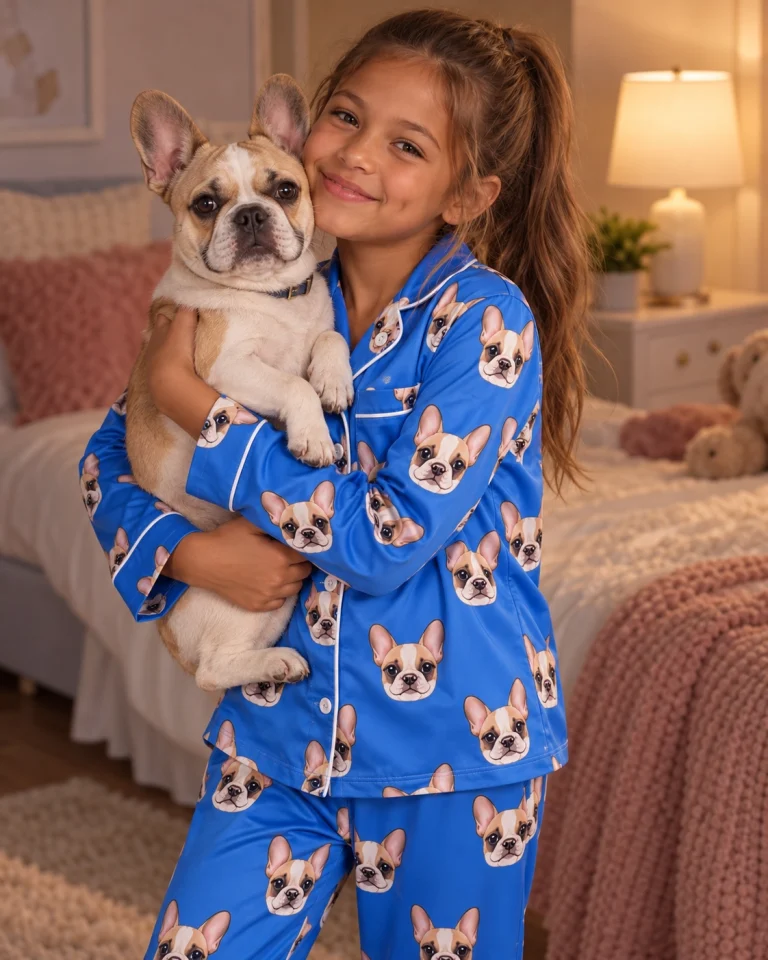 Girl in girls Christmas pajamas holding her French bulldog — MyDogPics