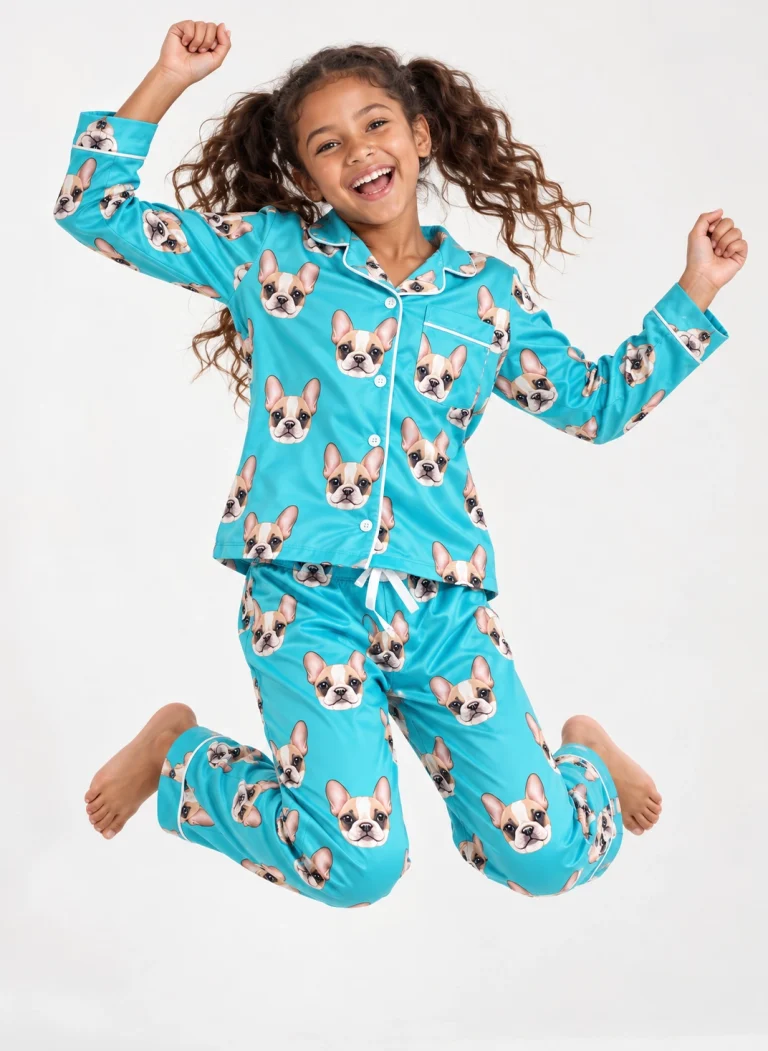 Girl posing in girls Christmas pajamas, cream French bulldog faces on teal satin — MyDogPics