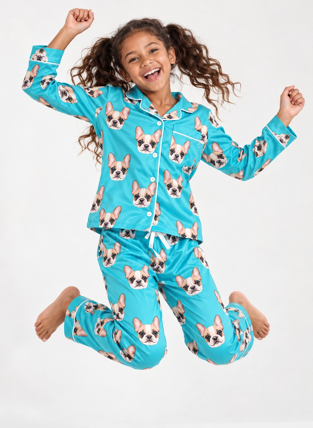Girls Christmas Pajamas – Pose, Teal | MyDogPics Girl posing in girls Christmas pajamas, cream French bulldog faces on teal satin — MyDogPics