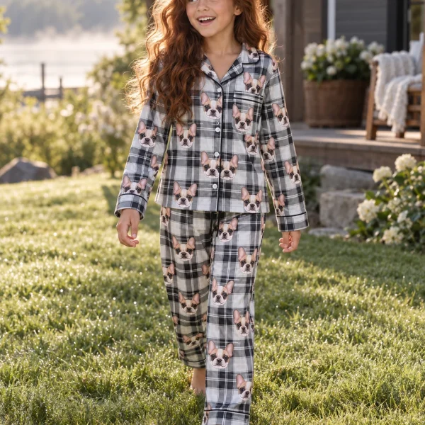 Girl posing in girls Christmas pajamas, cream French bulldog faces on white plaid satin — MyDogPics