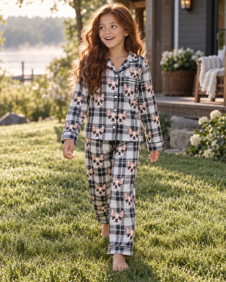 Girl posing in girls Christmas pajamas, cream French bulldog faces on white plaid satin — MyDogPics
