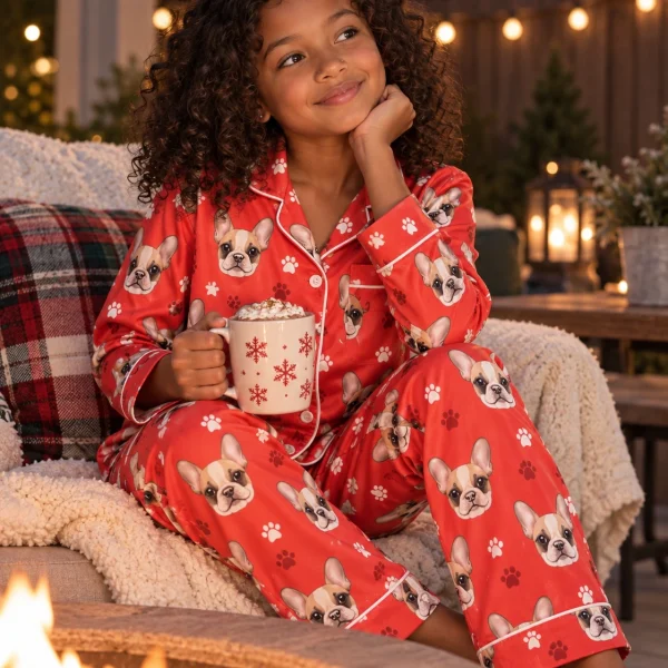 Girl sitting in girls Christmas pajamas covered in cream French bulldog faces — MyDogPics
