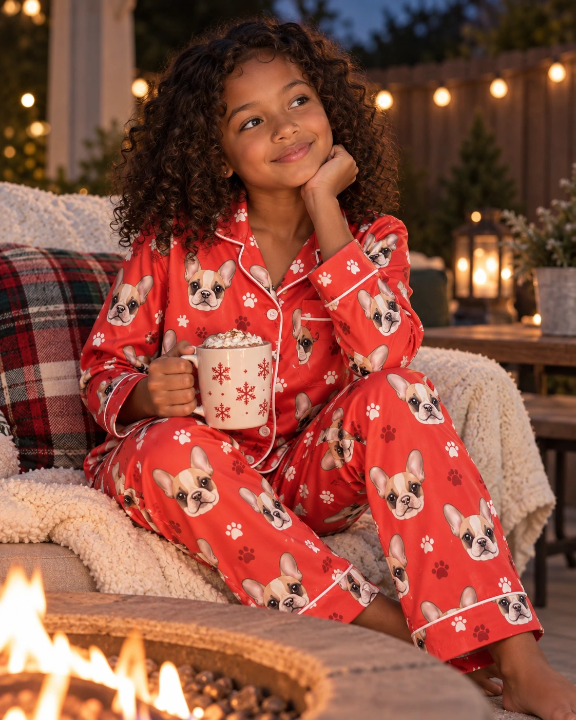 Girls Christmas Pajamas – Sitting, Red Paw-Print | MyDogPics Girl sitting in girls Christmas pajamas covered in cream French bulldog faces — MyDogPics