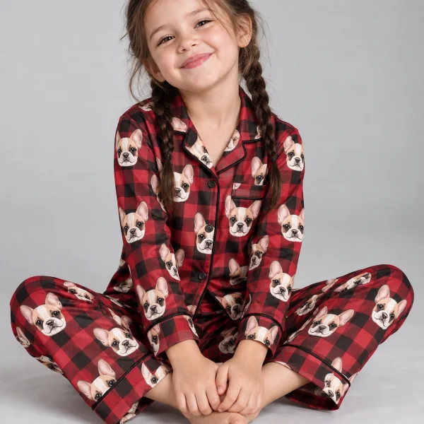 Girl sitting in girls Christmas pajamas covered in cream French bulldog faces — MyDogPics