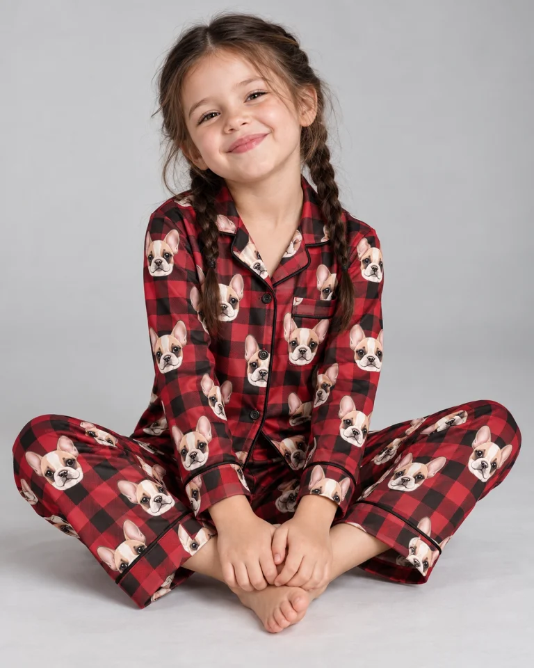Girl sitting in girls Christmas pajamas covered in cream French bulldog faces — MyDogPics