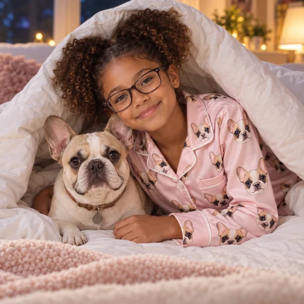 Girl in girls Christmas pajamas with her French bulldog — MyDogPics