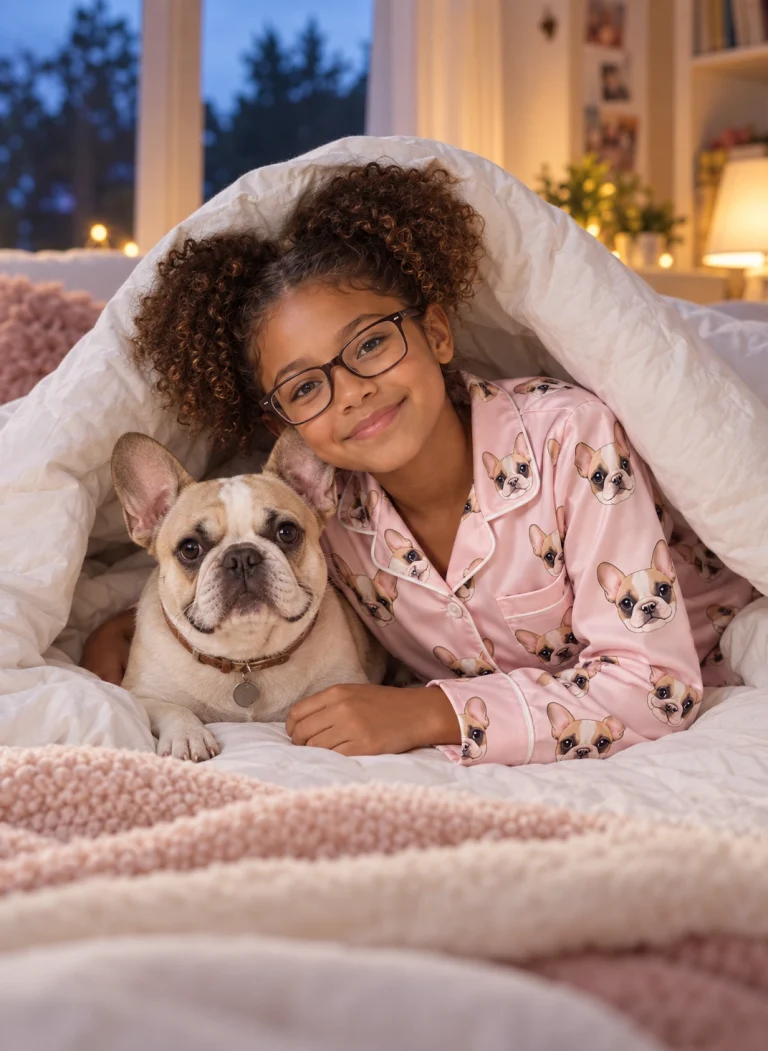 Girl in girls Christmas pajamas with her French bulldog — MyDogPics