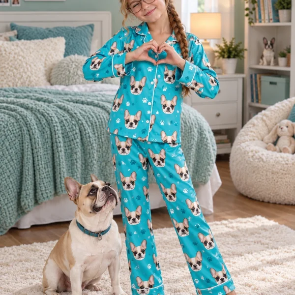 Girl in girls Christmas pajamas standing next to her French bulldog — MyDogPics