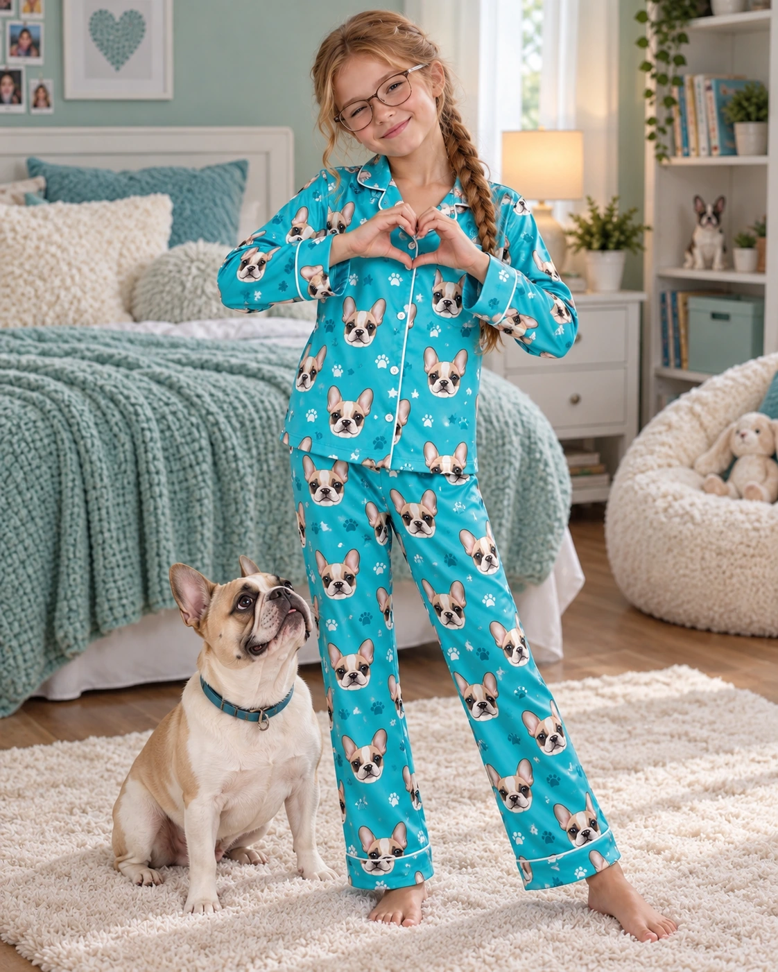 Girls Christmas Pajamas – With Dog, Teal Paw-Print | MyDogPics Girl in girls Christmas pajamas standing next to her French bulldog — MyDogPics