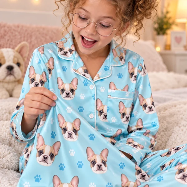 Close-up of the girls pajama sets print: cream French bulldog faces on light blue paw-print satin — MyDogPics