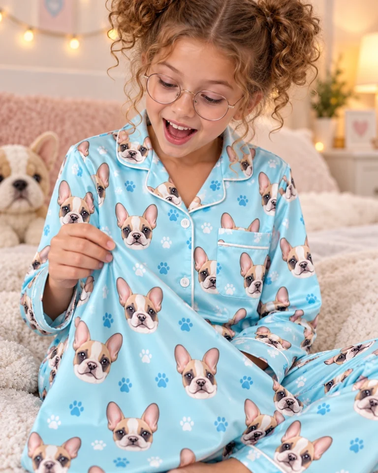 Close-up of the girls pajama sets print: cream French bulldog faces on light blue paw-print satin — MyDogPics